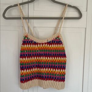 Le Lis Cream Crochet Tank with Rainbow Stripes